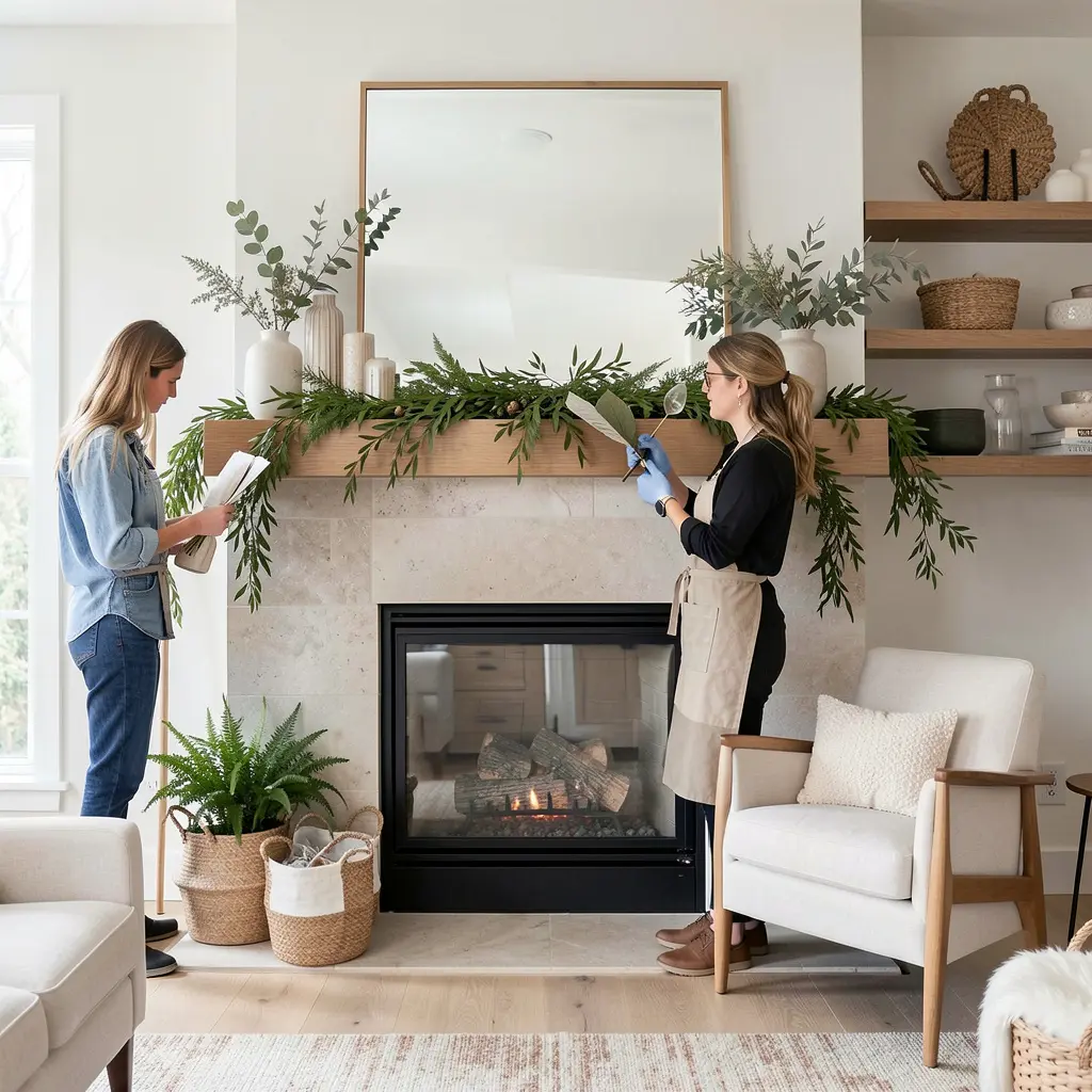 Professional stylist arranging seasonal decorations in a modern home