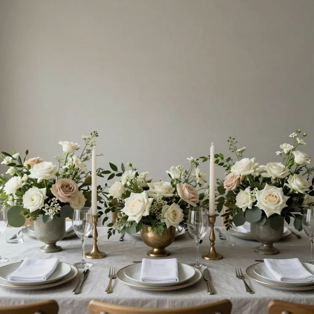 Elegant birthday table setup with floral arrangements and candles