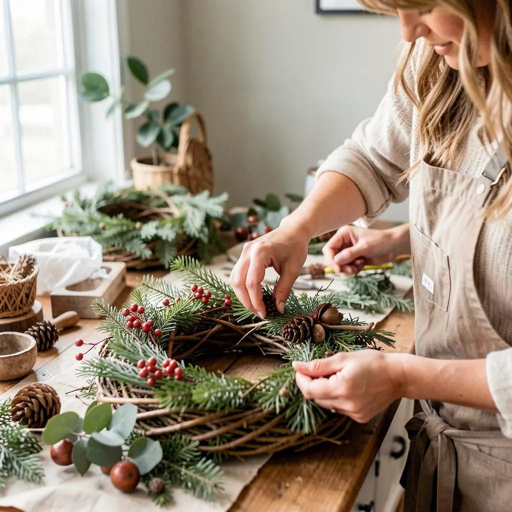 Our styling team preparing seasonal home decorations in a workspace